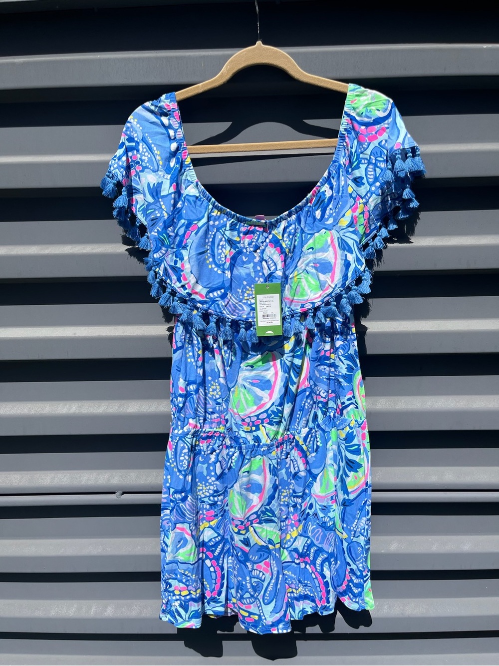 Lilly Pulitzer Blue Tropical Tassel Romper with Multicolor Print